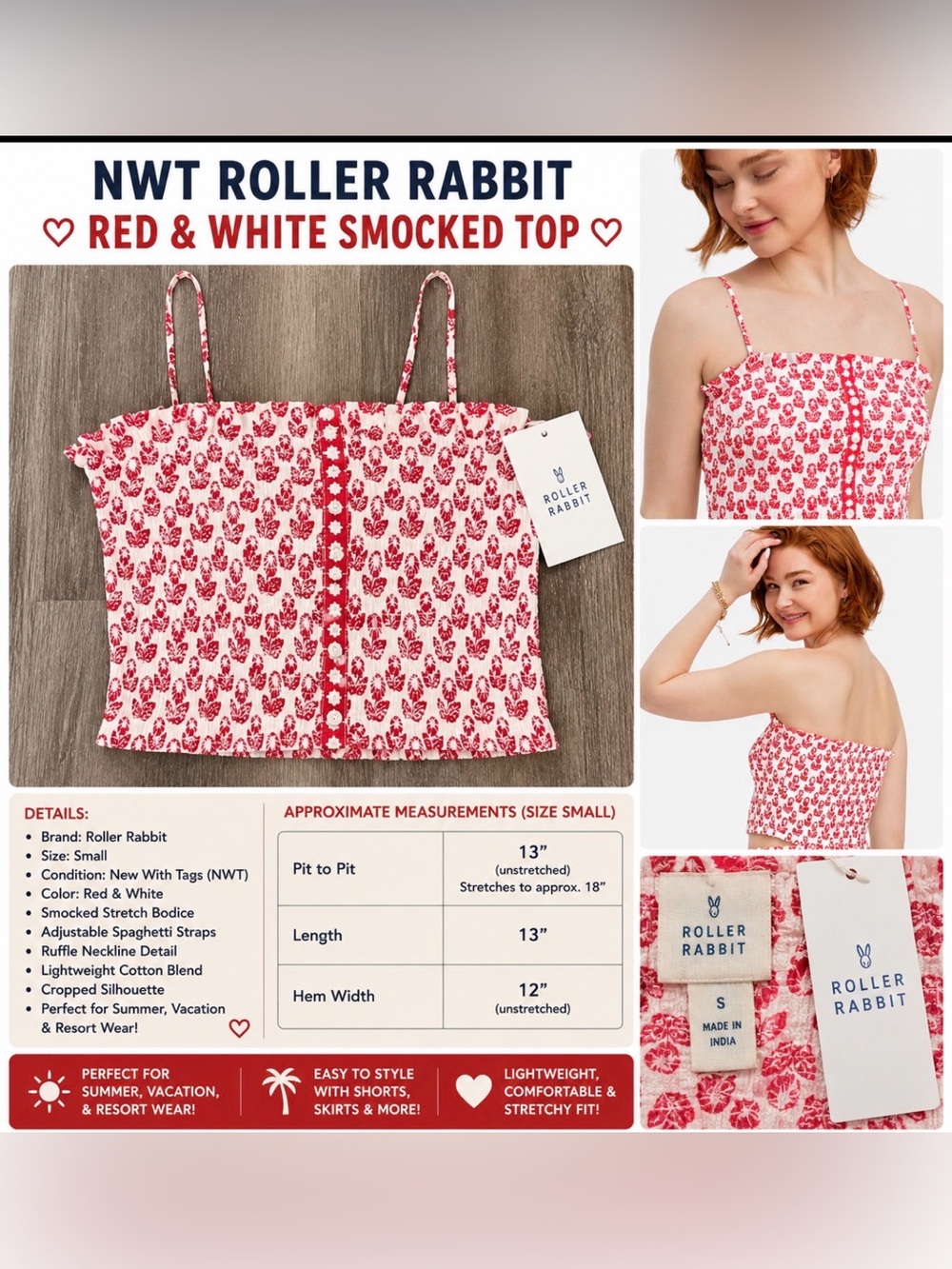 Roller Rabbit Red & White Smocked Crop Top – NWT – Size Small